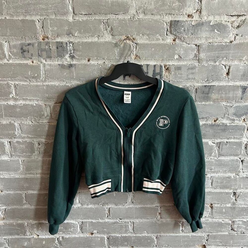 Victoria's Secret PINK Cropped Varsity Zip Up Jacket Green Women's XS